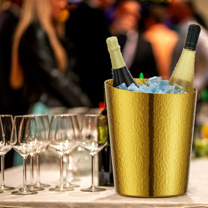 MorningRo 2 Pcs 5 Quart Black Champagne Ice Bucket 4.7 L Metal Doublewall Hammered Stainless Steel Wine Beer Chiller Home Bar Accessories for Football Sports Wedding Party Summer BBQ (Beveled Mouth)
