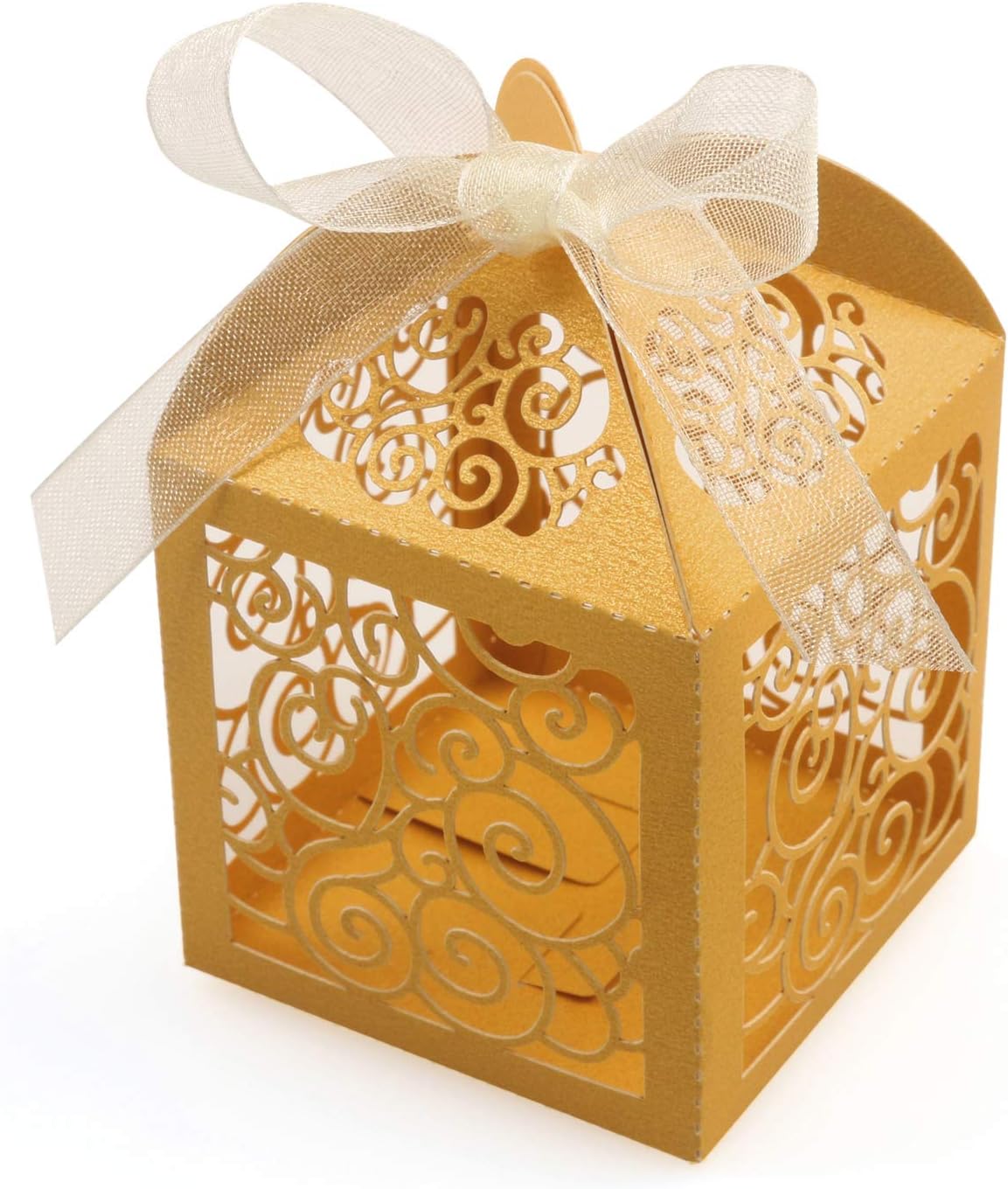 KPOSIYA 100 Pack Wedding Favor Boxes Laser Cut Boxes Party Favor Box Small Gift Boxes Lace Candy Boxes for Wedding Bridal Shower Baby Shower Birthday Party Anniverary with Ribbons (Pink, 100)