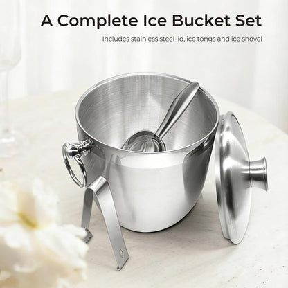 Fortune Candy Insulated Ice Bucket - Double Walled Stainless Steel Ice Bucket with Ice Tongs, Scoop, Lid, and Exclusive Handmade Nylon Holder - 2.8 L (Black)