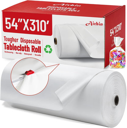 Plastic Table Cloth, 310 Ft X 54 in Disposable Tablecloth White Plastic Tablecloth with Any Cut Sliding Cutters Premium Table Cover Roll for Picnics, Parties, Birthdays, Weddings