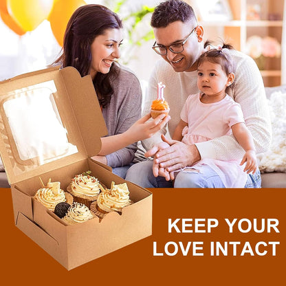 OAMCEG 50 PCS Cupcake Boxes with Window, 6x6x3 Inch Cookie Boxes, Bakery Treat Boxes for Pastry, Dessert, Chocolate Strawberries, Cupcake Containers, Gift Giving with Stickers & Twine （Brown）