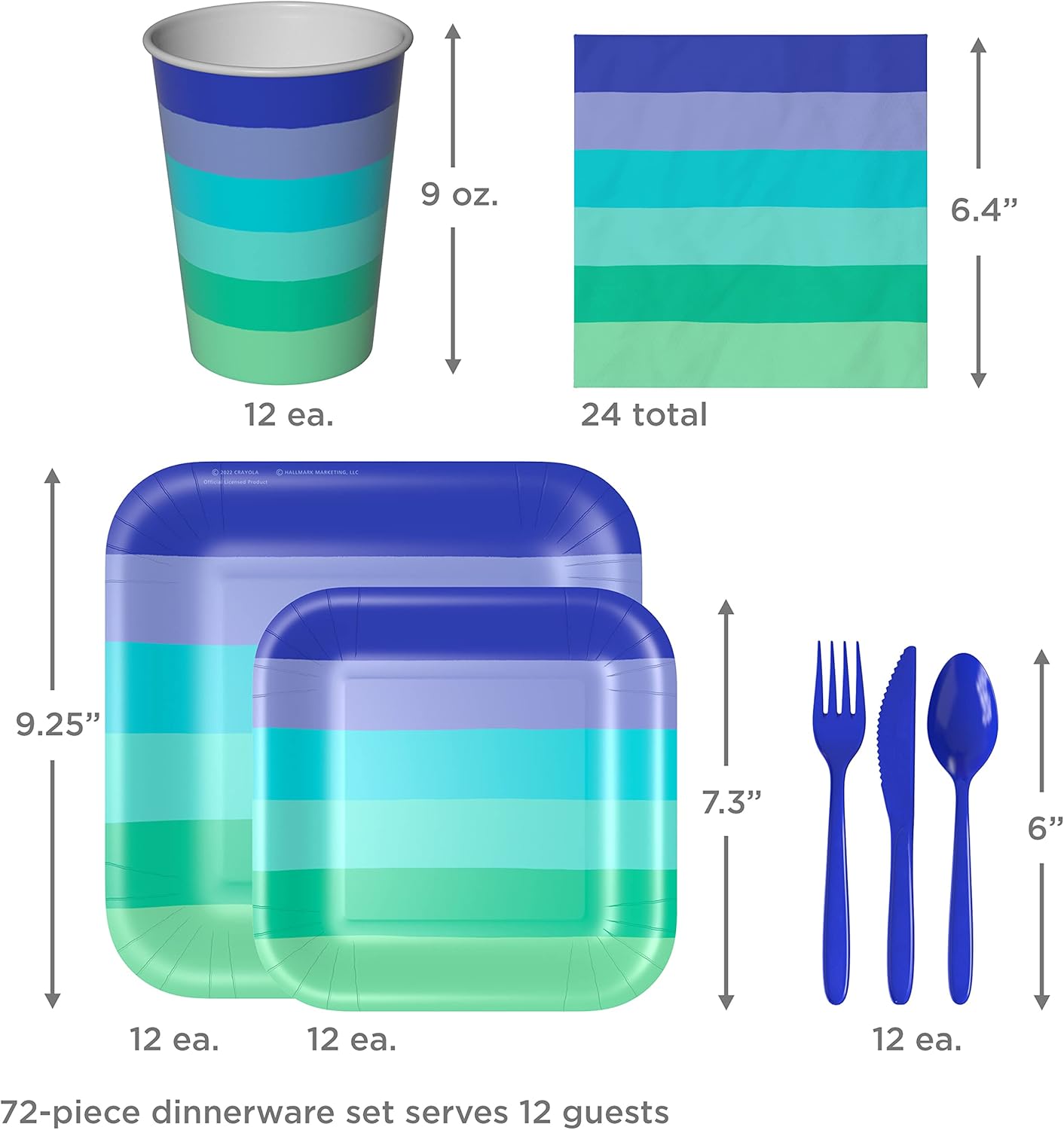 Hallmark Crayola Hallmark Color Pop Green and Blue Party Supplies (12 Dinner Plates, 12 Dessert Plates, 12 Paper Cups, 24 Napkins, 12 Sets of Plastic Cutlery) for Birthdays, Baby Showers, Father's Day
