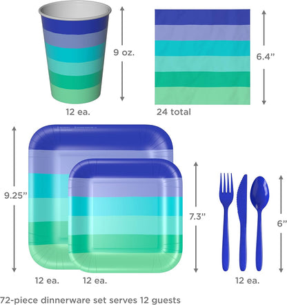 Hallmark Crayola Hallmark Color Pop Green and Blue Party Supplies (12 Dinner Plates, 12 Dessert Plates, 12 Paper Cups, 24 Napkins, 12 Sets of Plastic Cutlery) for Birthdays, Baby Showers, Father's Day