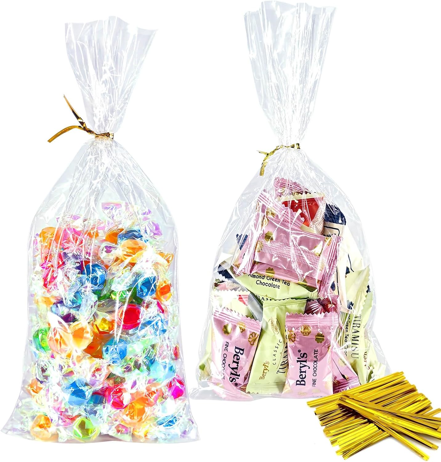 5x7 Inch Iridescent Cellophane Treat Bags with Twist Ties, Treat Bags for Candy Cookie Goodie Chocolates, And Popcorn