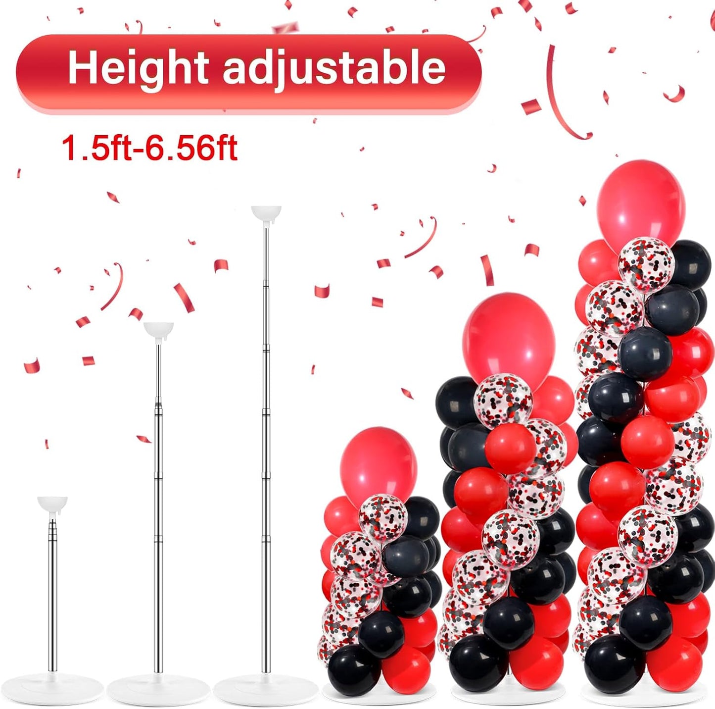 2 Set Black and Gold Balloons Column Stand Kit with 100 Balloons Adjustable Balloon Stand with Bases for Floor Black Gold Confetti Balloon Column Kit for Bridal Shower Valentine Birthday Party Decor