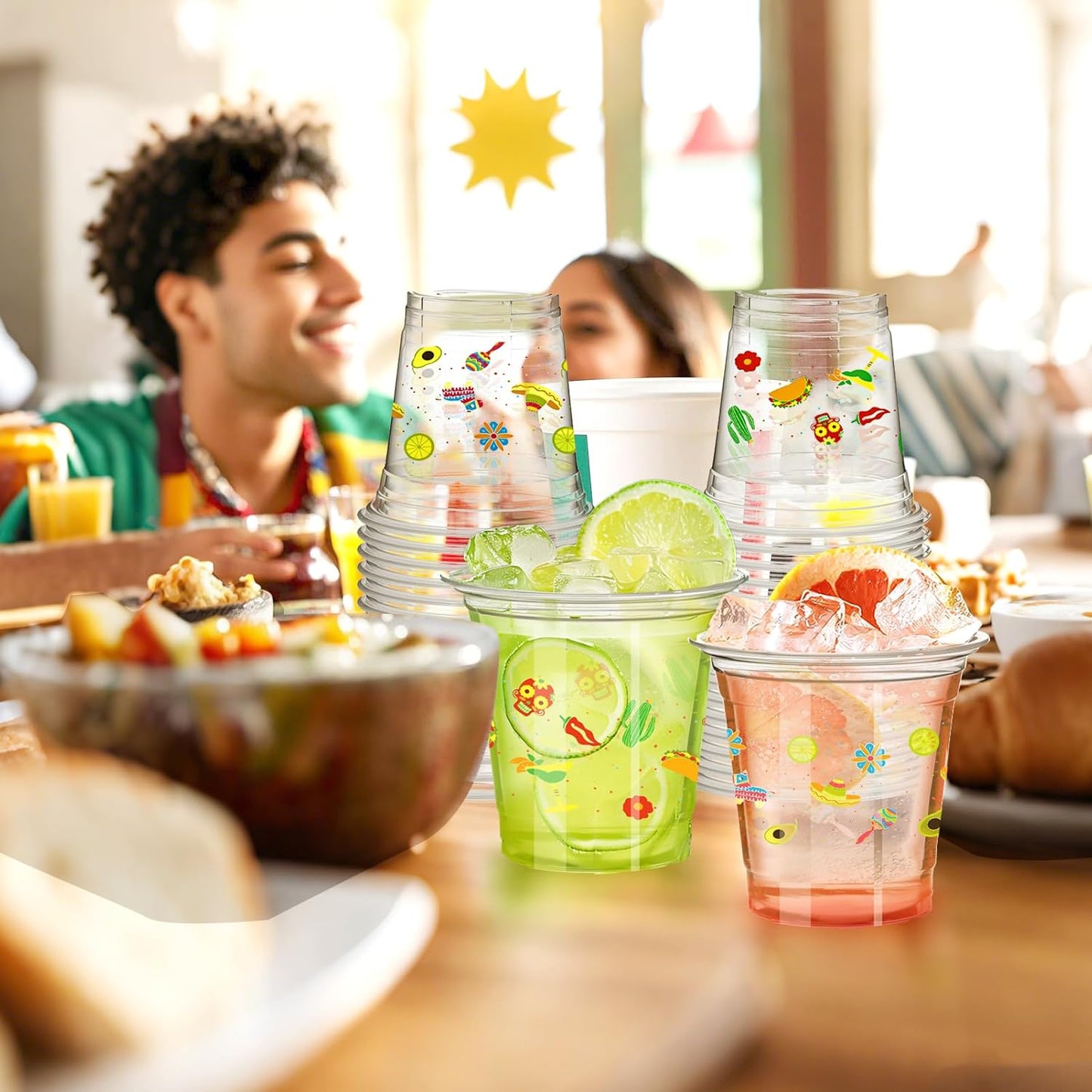50 Pack Mexican Fiesta Cups 14 oz Clear Plastic Disposable Mug Bulk Cinco De Mayo Party Supplies for Fiesta Taco Birthday Party Decorations