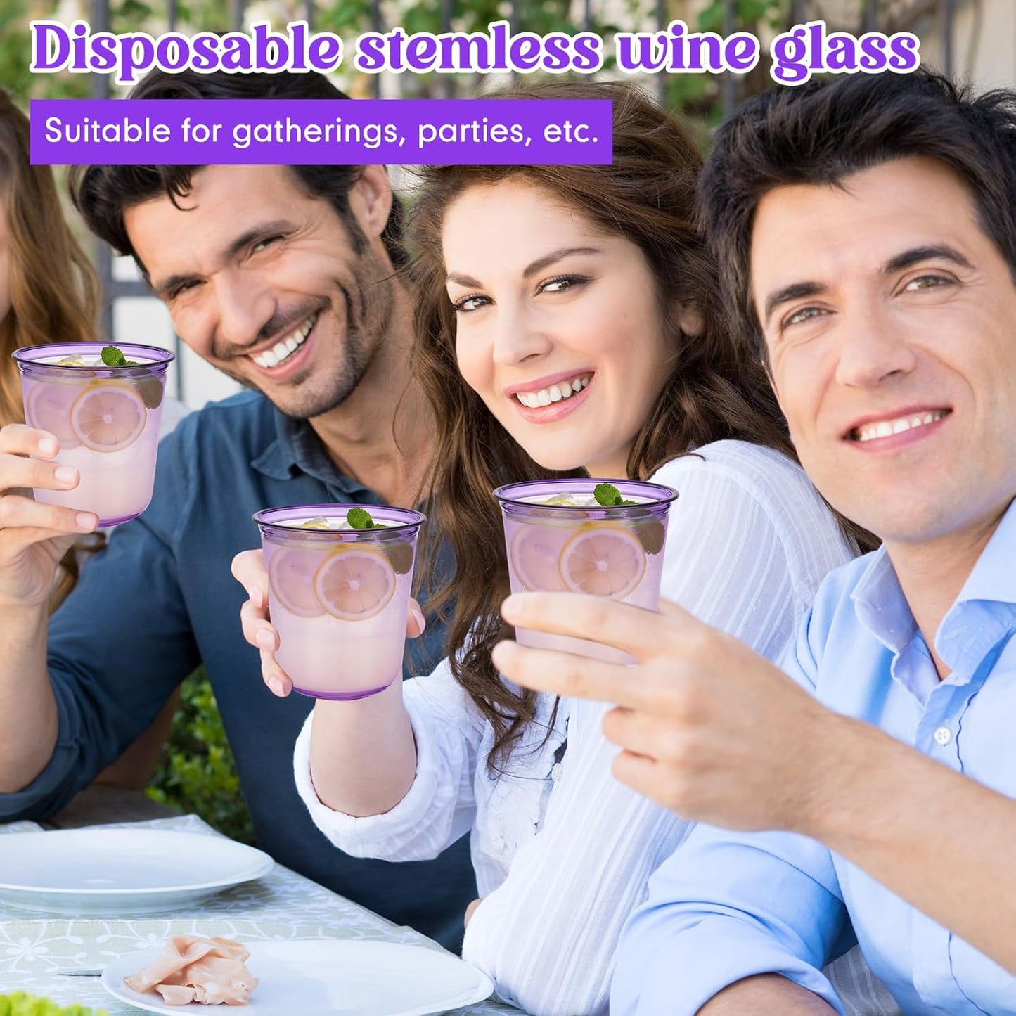 Ziliny 50 Pcs Disposable Stemless Glasses 12oz Crystal Plastic Wine Glasses Clear Classic Pet Cup for Meeting Weddings Birthdays Cocktail Christmas Party Supplies (Pink)