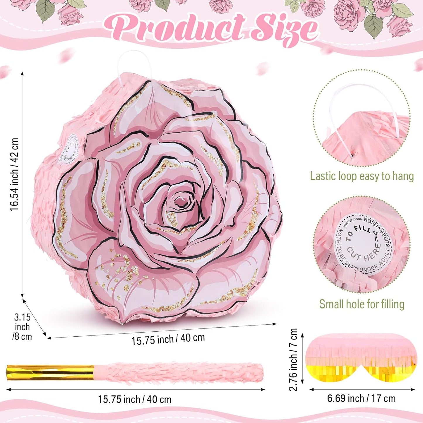 Pink Flower Piñata Set with Blindfold Bat and Confetti Floral Piñata Girls Party Game for Graduation Birthday Baby Shower Gender Reveal Wedding Party (13.78 x 12.99 Inches)