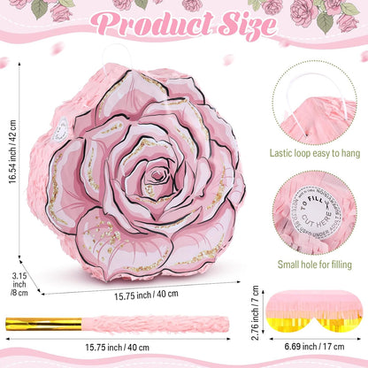 Pink Flower Piñata Set with Blindfold Bat and Confetti Floral Piñata Girls Party Game for Graduation Birthday Baby Shower Gender Reveal Wedding Party (13.78 x 12.99 Inches)