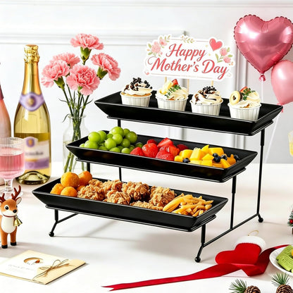 MALACASA 3 Tier Serving Trays for Party, Porcelain Serving Platters and Trays, 12 Inch Tiered Tray Stand, Fruit Tray, Trays for Serving Food, White Dessert Stand with Collapsible Sturdier Metal Rack