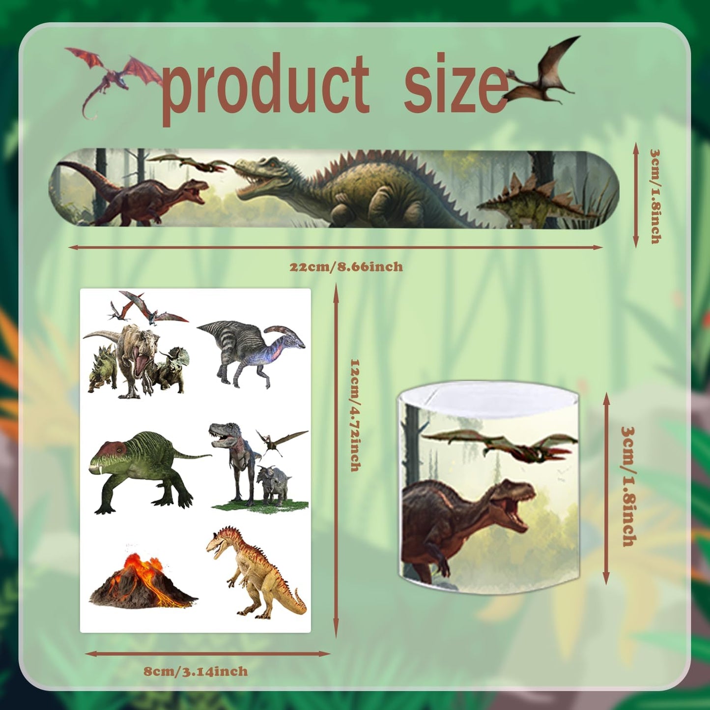 96PCS Realistic Dinosaur Party Favors Set include 72Pcs Dinosaur Temporary Tattoos Stickers, 24Pcs Dinosaur Slap Bracelet for Forest Dinosaur Dino Party Favors Prehistoric Dinosaur Themed Supplies