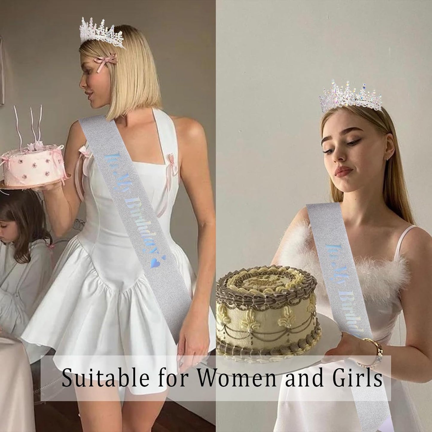 CURASA Birthday Tiara and Sash - Silver Birthday Crown for Women, Perfect for Parties and Celebrations