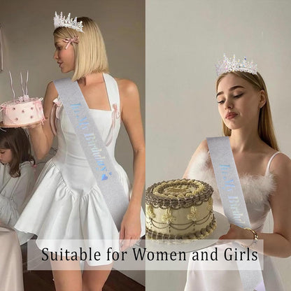 CURASA Birthday Tiara and Sash - Silver Birthday Crown for Women, Perfect for Parties and Celebrations