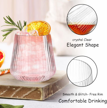 Tebery 20 Pack Plastic Ribbed Wine Glasses, 12 Oz Unbreakable Stemless Cocktail Cups for Party, Disposable Reusable Origami Style Ridged Drinking Tumbler for Champagne Catering Wedding Picnic Bar