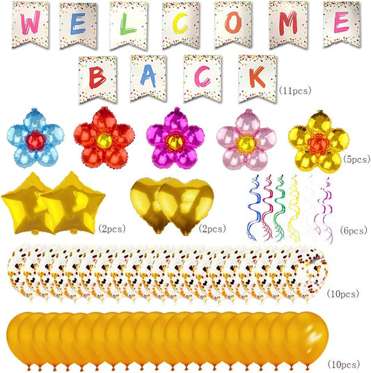 Welcome Back Sign Banner Decoration Kit Including Welcome Back Banner Flower Star Heart Shape Balloons Gold Confetti Glitter Balloons and Hanging Swirls for Home, School, Office Party Decor Supplies