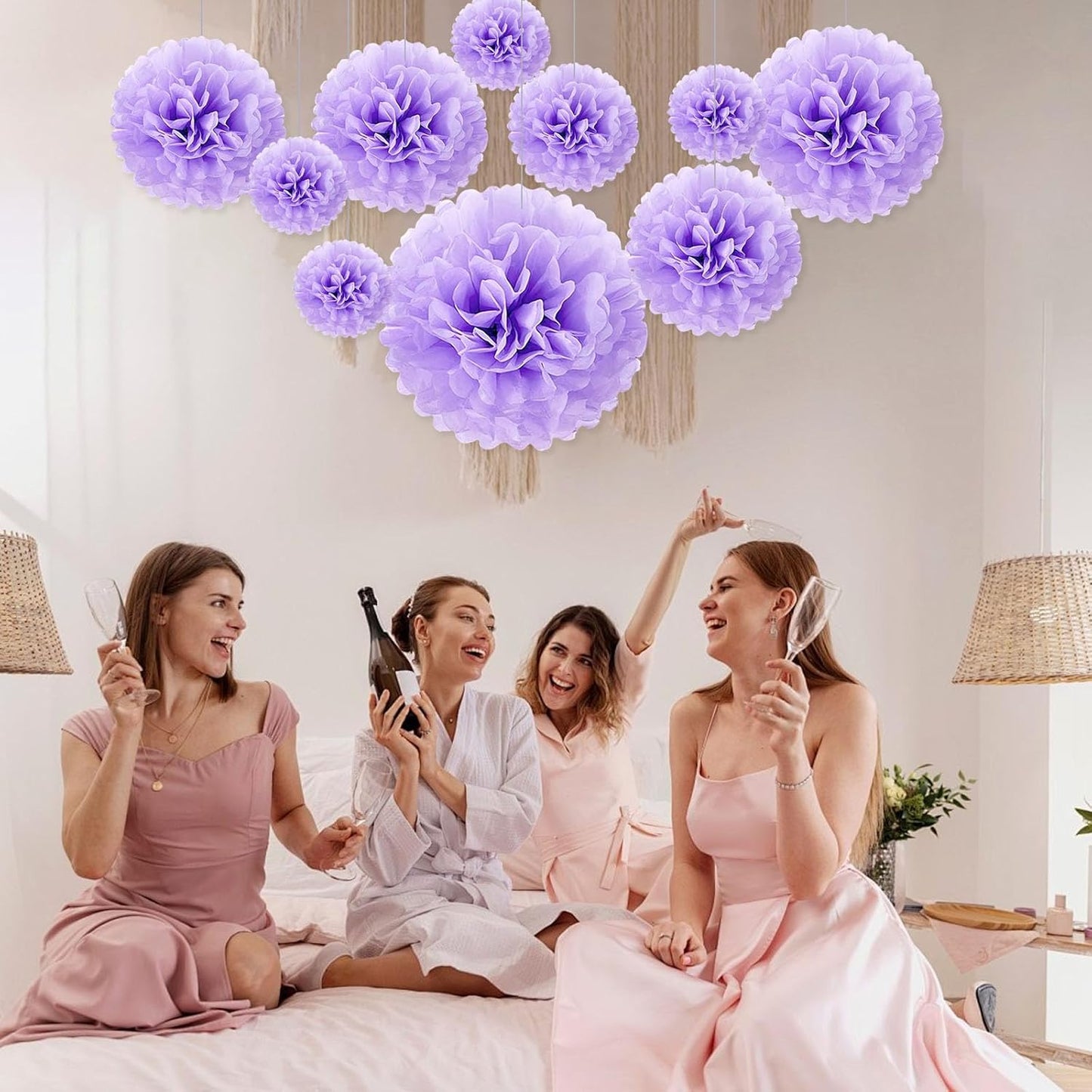 Tissue Paper Pom Poms, Pink Tissue Paper Flowers, Hanging Flower Balls for Weddings Fiesta Parties Birthday Baby Showers Classroom Bridal Shower Decoration (18Piece Set-6/10/12/14Inch)