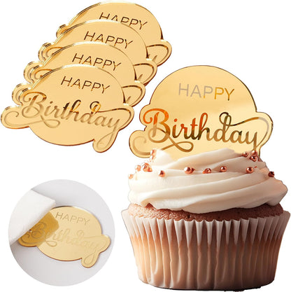 20pcs Gold Mirror Acrylic Happy Birthday Cupcake Toppers Round Engraved Cake Picks Happy Birthday Cake Toppers for DIY Birthday Gift Flower Bouquet Pastries Desserts Decor