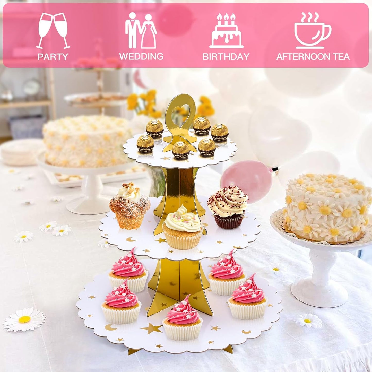 Soleebee 3-Tier Cupcake Stand, Cardboard Cupcake Tower, Dessert Cup Cake Stand Tower for Birthday Wedding Party Decoration, Cupcake Tier Stand 1 Set (Black)