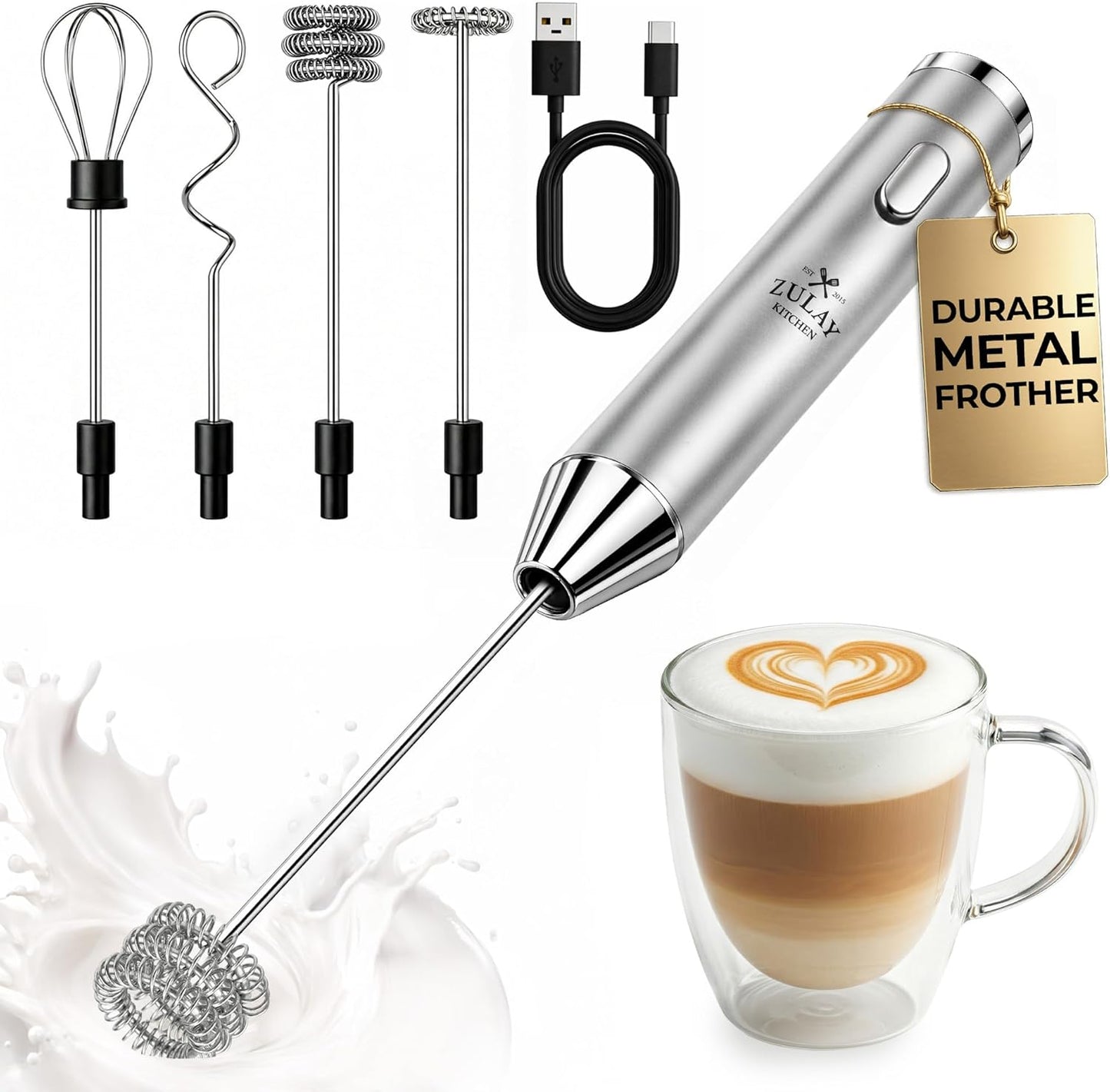 Zulay Kitchen Powerful Milk Frother Wand With Duracell Batteries - Ultra Fast Handheld Drink Mixer - Electric Whisk Foam Maker for Coffee, Lattes, Cappuccino & Matcha - Z1 Motor - Black - Colors D