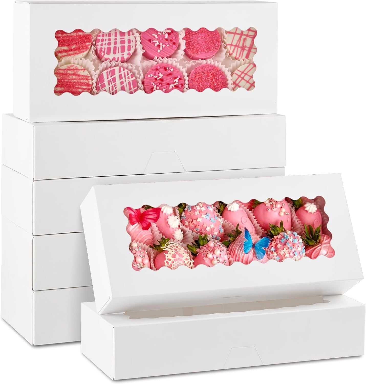 ZORRITA 30 Pack Auto Pop-up Cookie Boxes with Window, 12" x 8" x 2.5" White Bakery Boxes Treat Boxes for Chocolate Covered Strawberries, Breakable Heart, Sugar Cookies, Cake Pops, Donuts, Pastries