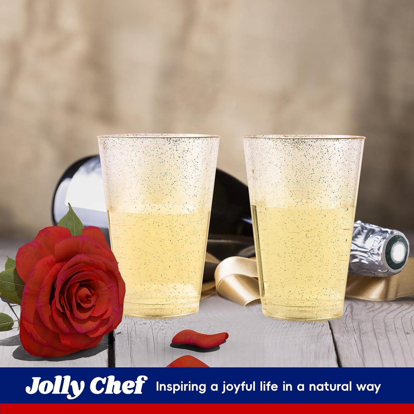 JOLLY CHEF 100 Pack 12 oz Gold Plastic Cups, Disposable Gold Cups, Heavy-duty Party Glasses for Wedding, Thanksgiving, Christmas Parties
