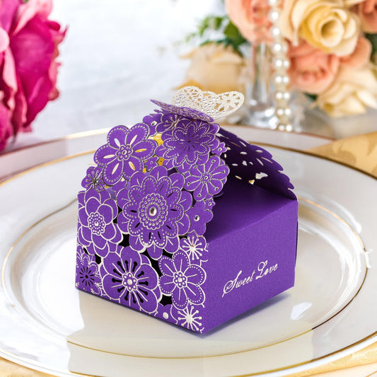 50pcs Laser Cut Butterfly Favor Boxes, 2.6" x 2.6" x 1.6" Floral Gift Box for Bridal Shower Anniversary Wedding Party,Baby Shower,First Communion, Pink