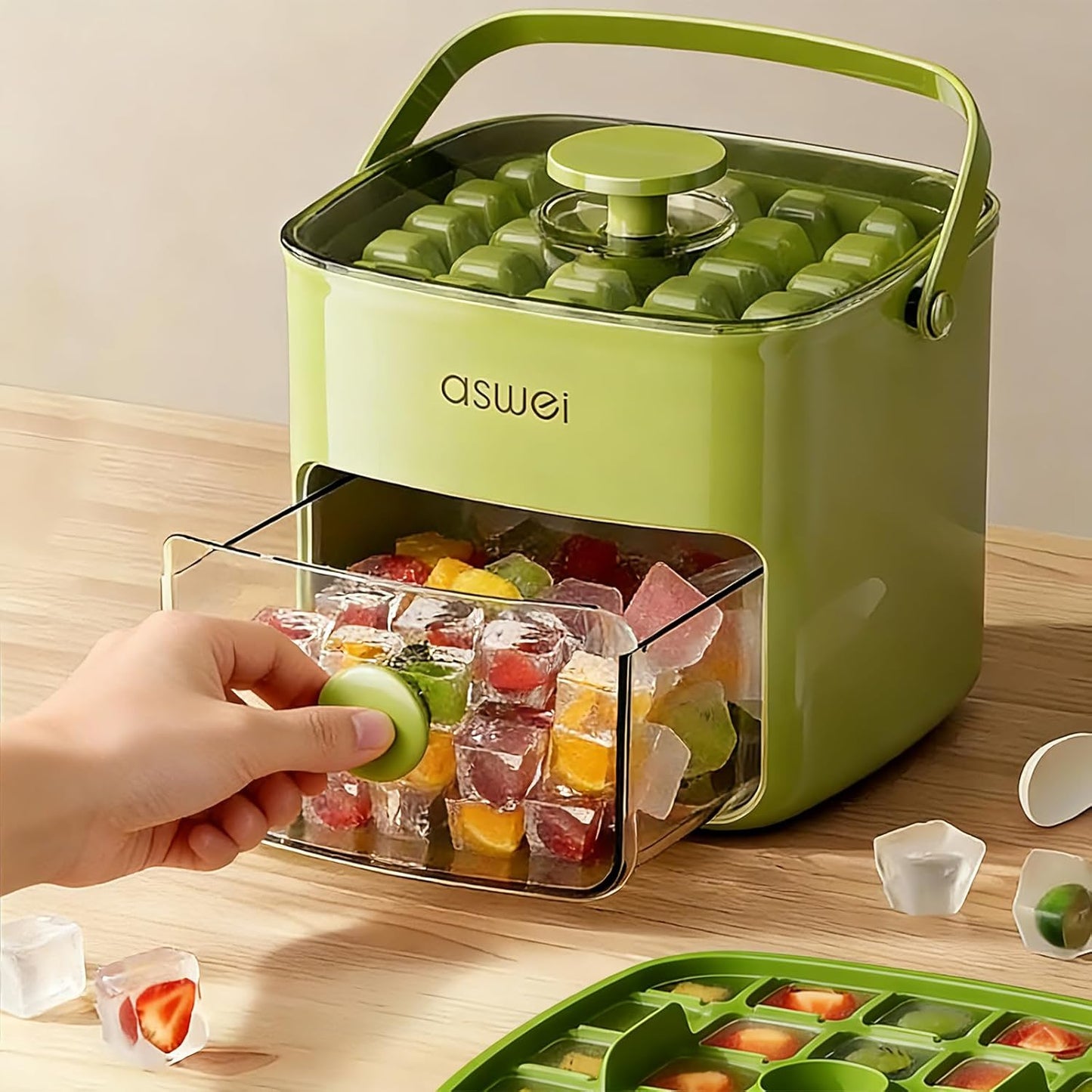 Compact Ice Cube Tray with Lid and Bin, Mini Press-Type Ice Cube Maker for Freezer, Space-Saving Small Ice Bucket with Tongs for RV, Office, Mini Ice Cube Trays & Water Bottles, BPA-Free (Green)