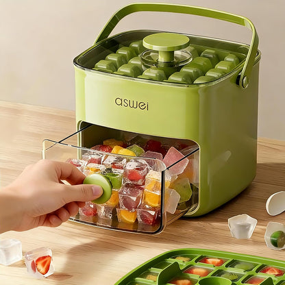 Compact Ice Cube Tray with Lid and Bin, Mini Press-Type Ice Cube Maker for Freezer, Space-Saving Small Ice Bucket with Tongs for RV, Office, Mini Ice Cube Trays & Water Bottles, BPA-Free (Green)