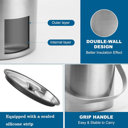 Portable Ice Buckets for Parties,3 Liter Double Wall Ice Bucket with Lid,Scoop,Tongs,Handle,Stainless Steel Ice Container to Keep Ice Frozen Longer- Ideal for Cocktail Bar,Camping,Chilling Beer/Wine