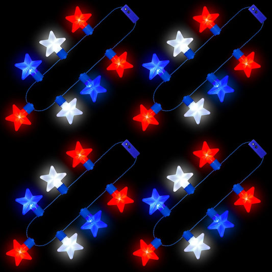 NOVWANG 4th of July Glow Necklaces, 4 Pack Patriotic Light Up Star Necklaces Red White Blue Star Accessories for Memorial Day Independence Day Party Favors Fireworks Parades