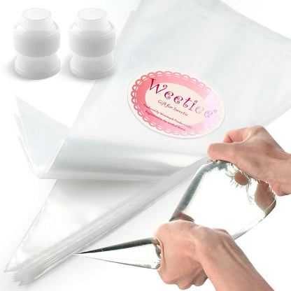 Weetiee Pastry Piping Bags -100 Pack-16-Inch Disposable Cake Decorating Bags Anti-Burst Cupcake Icing Bags for all Size Tips Couplers and Baking Cookies Candy Supplies Kits - Bonus 2 Couplers