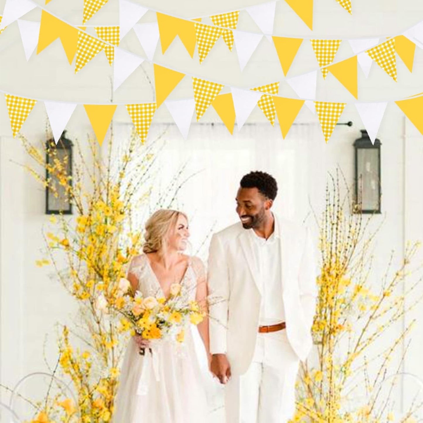 32Ft Dusty Blue Party Decorations Retro Blue Gingham Triangle Banner Flag Pennant Fabric Garland Streamers for Nautical Wedding Birthday Ahoy Achor Bridal Baby Shower Under The Sea Decor Supplies