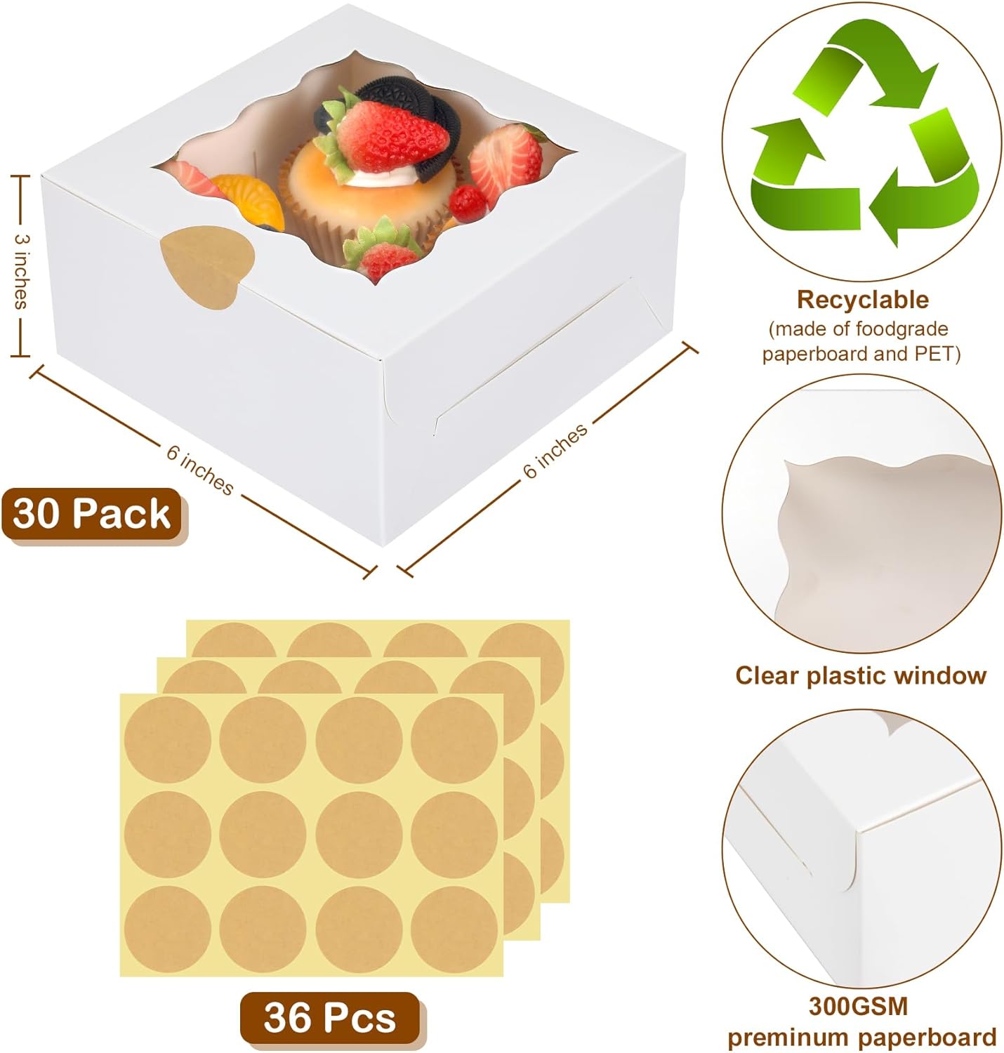 Colovis 30 Pcs White Bakery Boxes with Window, 6 X 6 X 3 Inches, White Paperboard Treat Boxes for Cookies, Pastry, Cookies, Strawberries, Macarons