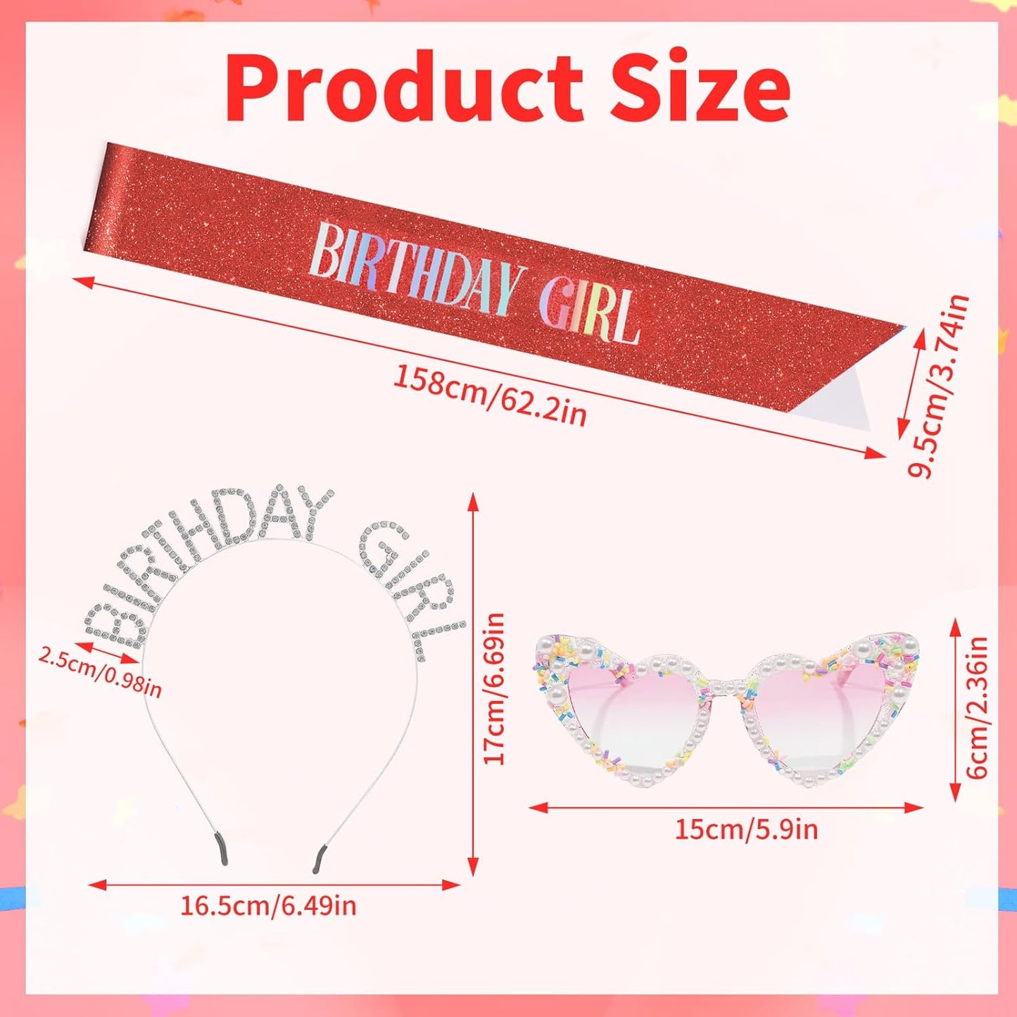 3Pcs Birthday Girl Sash Headband Set-Birthday Sash Tiara and Crown Sunglasses for Girls Women