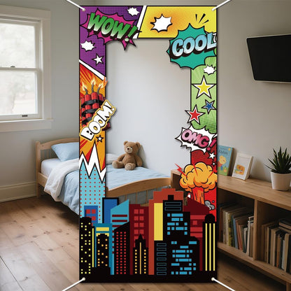 WADORN Social Media Photo Frame Props for Party Decor, 5.9x2.9ft Booth Selfie Frame with Emoji Speech Bubble Photo Door Backdrop Props Decor Large Fabric Photography Background Party Supplies