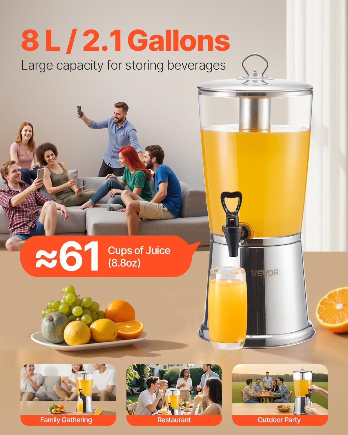VEVOR Beverage Dispenser, 2.1 Gallon x 2 Drink Dispenser for Parties, Stainless Steel + Plastic Juice Dispensers with Spigot Ice Chamber Tray, Iced Tea Lemonade Dispensers, for Restaurants, Hotels