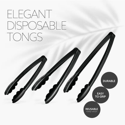 [Black Tongs 7.5'' Inches] Plasticpro 7.5'' Serving Tongs Heavy Duty Reusable Kitchen and BBQ Black Serving Tong for party's, Caterings, Events, Buffet, Weddings, And every Day use Pack of 12