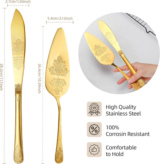 Cake Cutting Set for Wedding, Elegant Cake Knife and Server Set with Thickened Stainless Steel Rounded Edges, Cake Cutter Pie Spatula for Birthday Anniversary Christmas 2 Pcs Silver