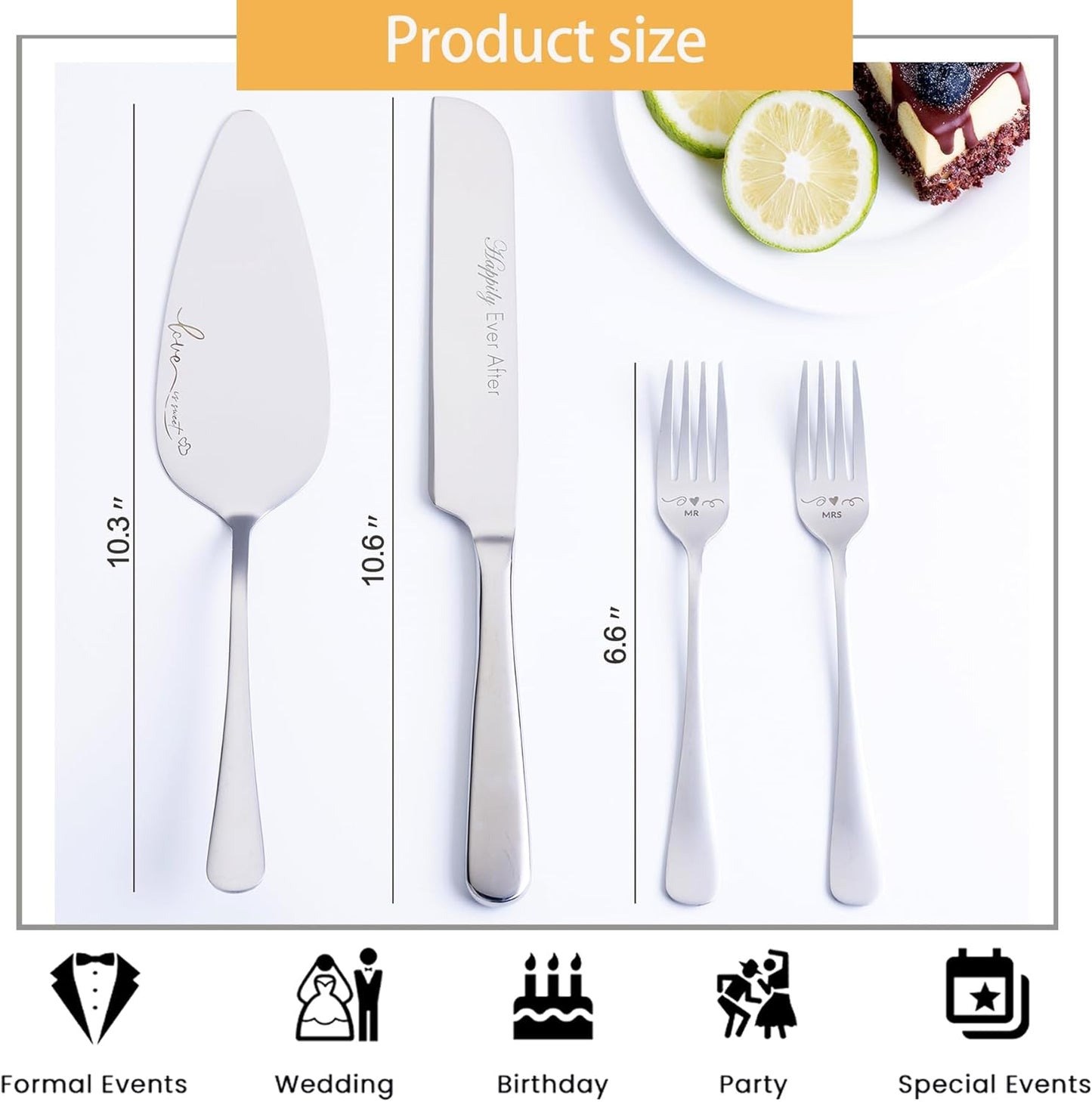 Wedding Cake Knife and Server Set with Forks, Engraved Cake Cutting Set for Wedding Anniversary Christmas Engagement（Gold