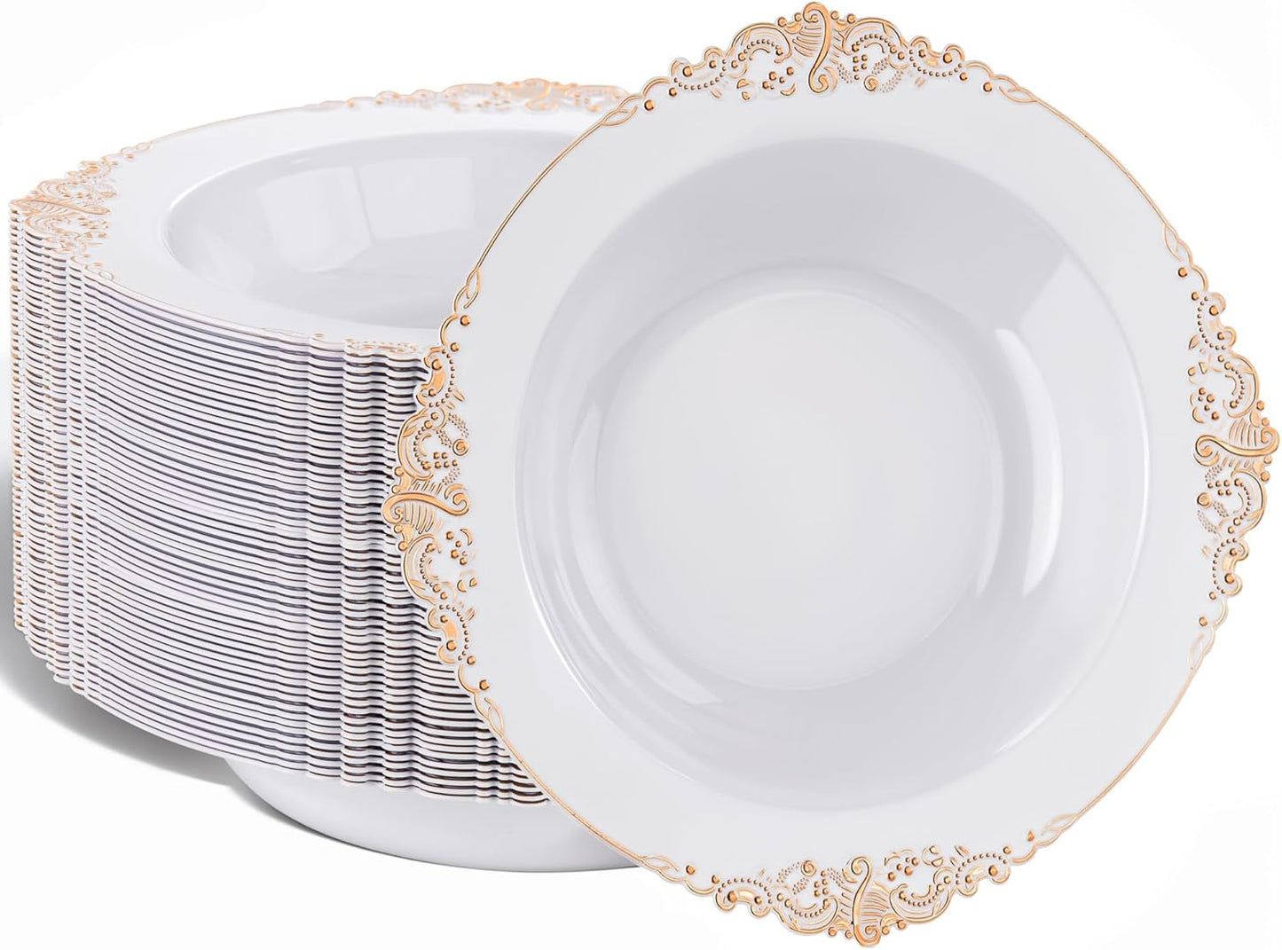 Nervure 50 Pack White Plastic Bowls with Gold Rim - 12oz Disposable Soup Bowls - Heavy Duty Dessert Bowl, Salad Bowl Perfect for Weddings, Parties, Mothers Day