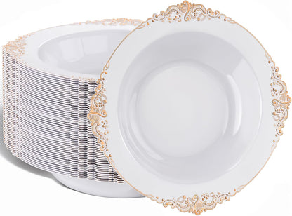 Nervure 50 Pack White Plastic Bowls with Gold Rim - 12oz Disposable Soup Bowls - Heavy Duty Dessert Bowl, Salad Bowl Perfect for Weddings, Parties, Mothers Day