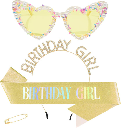 3Pcs Birthday Girl Sash Headband Set-Birthday Sash Tiara and Crown Sunglasses for Girls Women