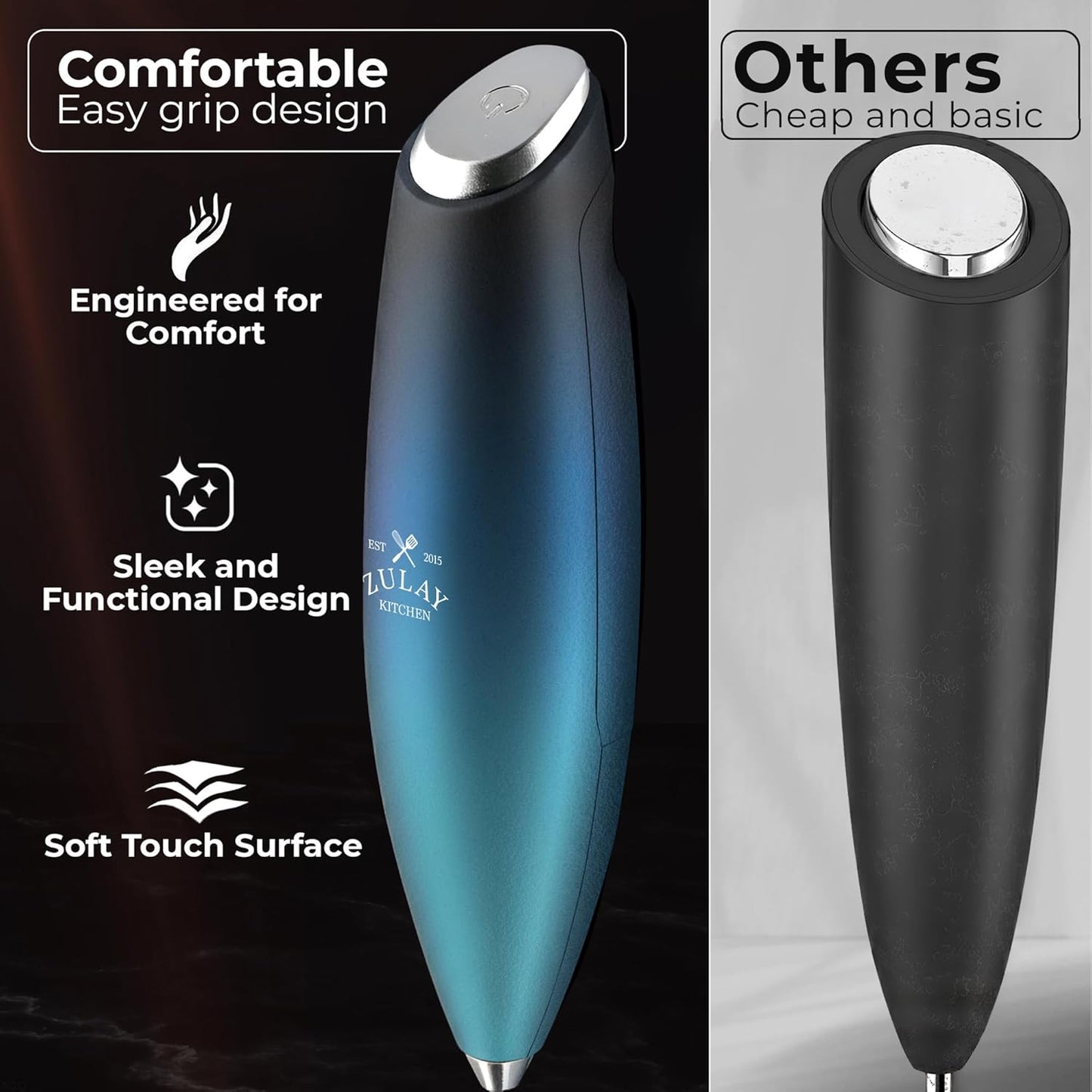 Zulay Kitchen Powerful Milk Frother Wand With Duracell Batteries - Ultra Fast Handheld Drink Mixer - Electric Whisk Foam Maker for Coffee, Lattes, Cappuccino & Matcha - Z1 Motor - Black - Colors B