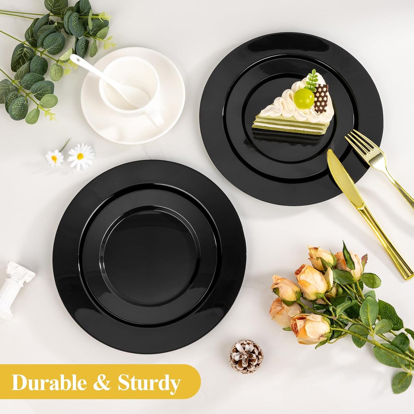 Goodluck 200PCS Gold Plastic Plates, Heavy Duty Disposable Gold Plates with 100 10.25 inch Dinner Plates and 100 7.5 inch Dessert Plates for Party, Holiday, Wedding, Thanksgiving