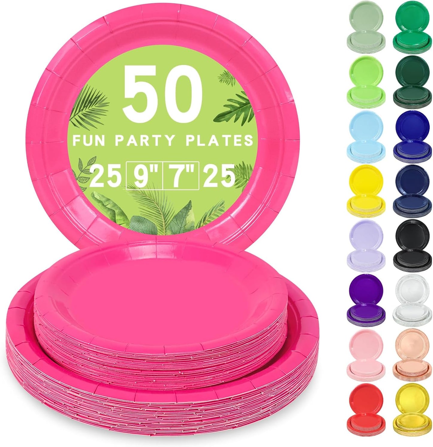 LANLISA 50 Pcs Pink Paper Plates Disposable, 25-9" & 25-7" Disposable Birthday Cake Dessert Plates For Valentines Day, Baby Shower, Easter Party, Mothers Day Party Supplies