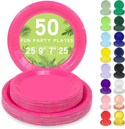 LANLISA 50 Pcs Pink Paper Plates Disposable, 25-9" & 25-7" Disposable Birthday Cake Dessert Plates For Valentines Day, Baby Shower, Easter Party, Mothers Day Party Supplies