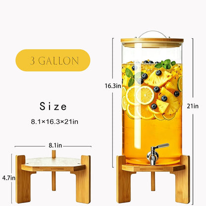 Beverage Dispenser, 4Gallon Glass Drink Dispenser with Stand, Stainless Steel Spigot, Ideal for Parties, Bars, Restaurants (15L/4 Gallon)