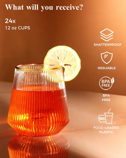 BESTSTAR 48 Pack Disposable Ribbed Origami Ripple Plastic Glasses Set - 24 9 OZ Stemless Champagne Flutes & 24 12OZ Cups, BPA-Free Shatterproof Clear Drinkware for Weddings, Parties & Events (Clear)