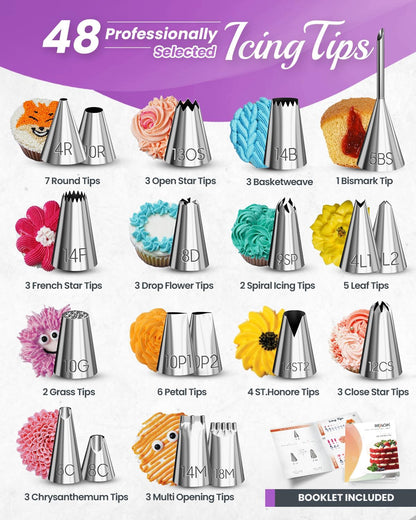 RFAQK 74 PCs Icing Piping Bags and Tips Set, Cake Decorating Kit with 48-Numbered Piping Tips, Anti Burst Pastry Bags for Cookie Cupcake Cake Decoration, Cake Decorating Tips Set with Booklet & E-book
