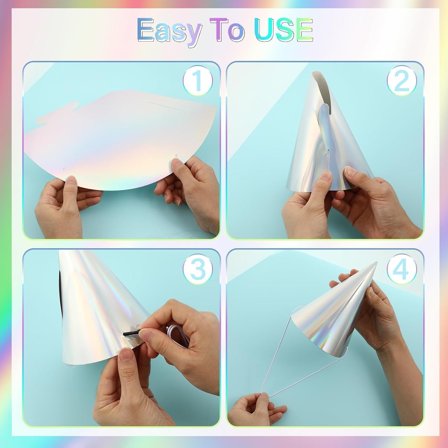 ZOIIWA 48 Pieces Iridescent Party Hats Rainbow Laser Themed Hat Birthday Party Cone Hats with Elastic String for Birthday Parties and Friend gatherings Rainbow Handmade Hat for Kids Baby Shower Boys